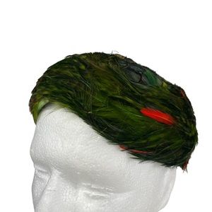 Handmade Vintage Pheasant Pillbox Style Casque Hat Cap Green Dyed High Fashion
